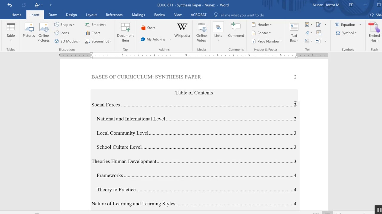 Word Table of Contents Example